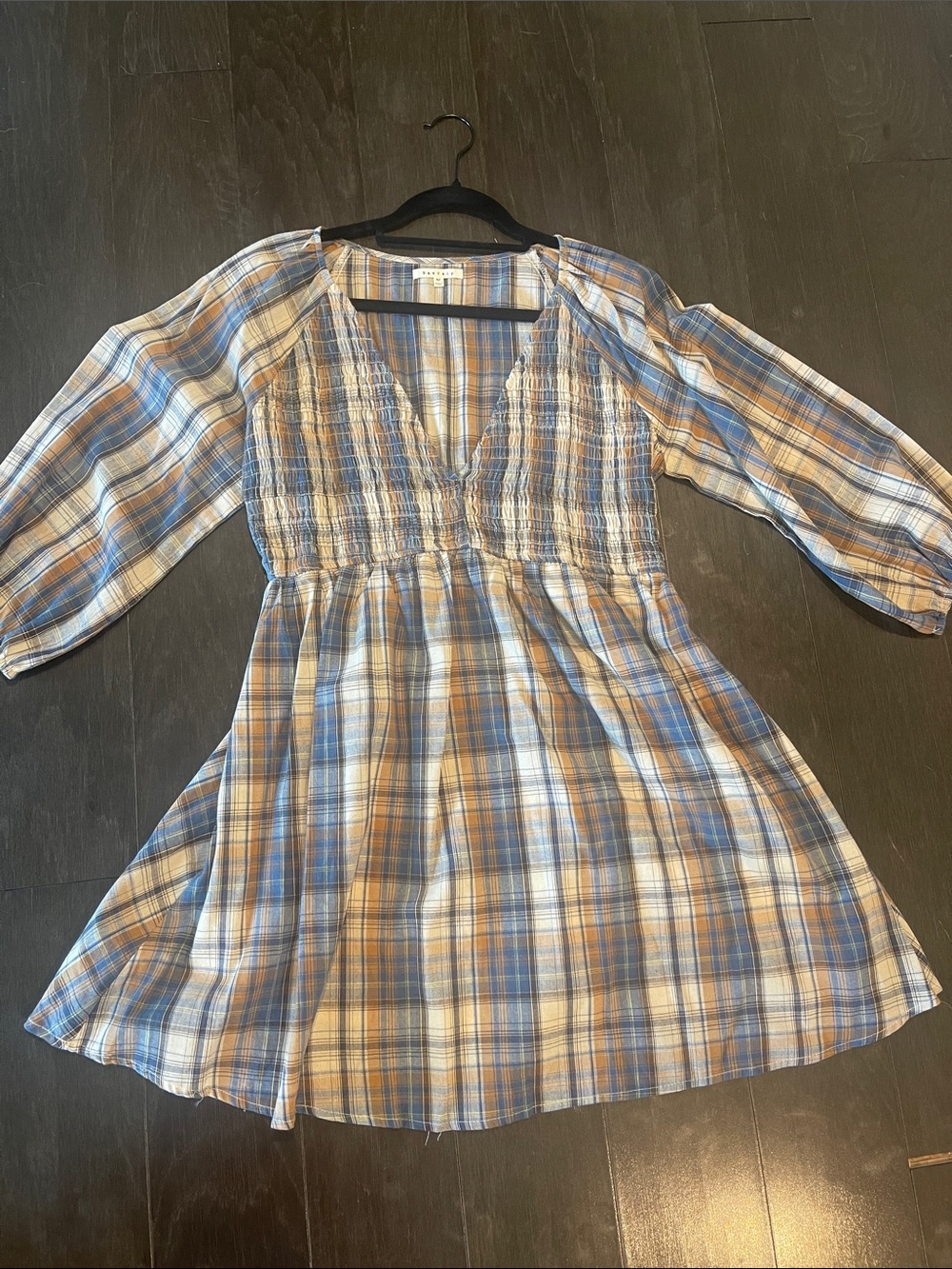Blue and Tan Plaid Smocked Waist Dress